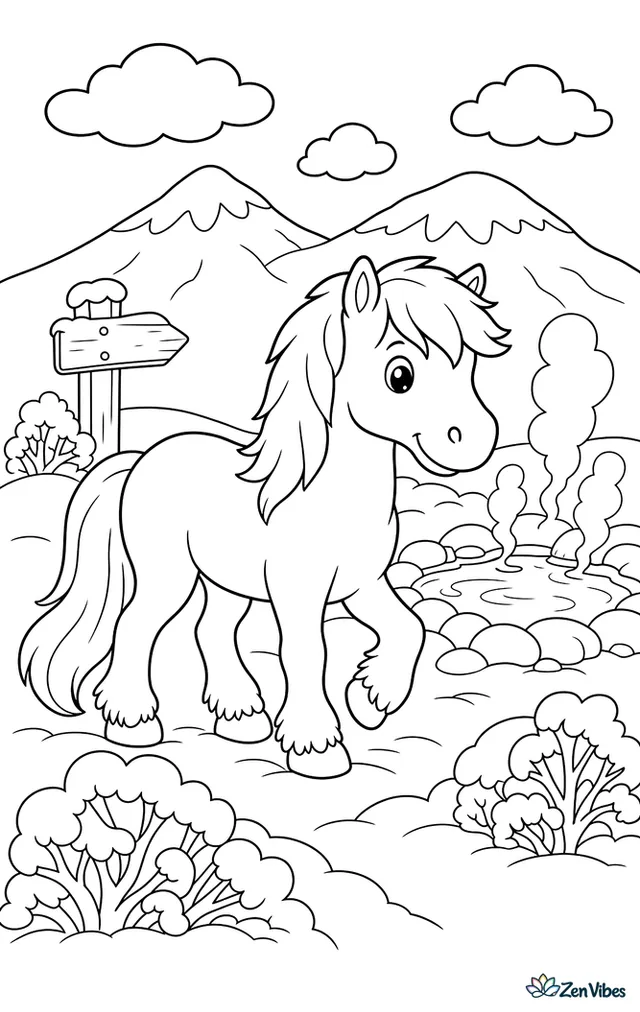 An Icelandic horse walks through fresh snow beside a steaming hot spring, with snowy shrubs, distant mountains, a wooden signpost, and soft clouds drifting above the winter landscape.