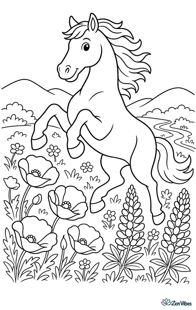An American Mustang runs across a wildflower meadow, lifting its front legs high while poppies, lupines, a winding creek, and low hills create an open spring countryside.