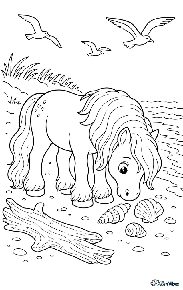 A Connemara pony noses at seashells on a sandy beach, standing near driftwood while small waves roll in, seagulls circle overhead, and grassy dunes line the shore.