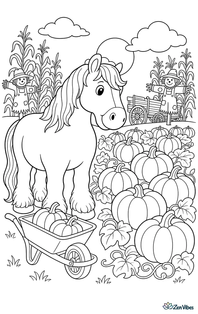 A Shire horse stands in a pumpkin patch beside a wheelbarrow, looking toward rows of round pumpkins while scarecrows, cornstalks, and an old wagon sit under an autumn sky.