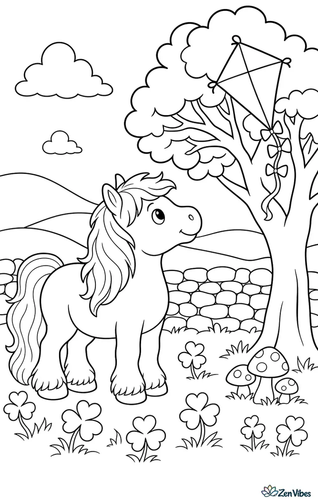 A Welsh pony watches a diamond kite caught in a low tree branch, surrounded by clover, mushrooms, a stone wall, and rolling pasture under a breezy afternoon sky.