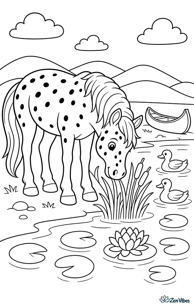 An Appaloosa rests beside a calm lake, lowering its spotted head toward reeds while lily pads, a canoe on shore, distant hills, and a pair of ducks complete the peaceful view.