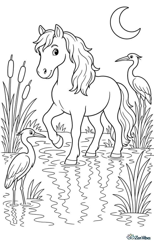 A Camargue horse strolls through a marshy shoreline, stepping among reeds and shallow water while herons, cattails, a crescent moon, and rippling reflections surround the evening scene.