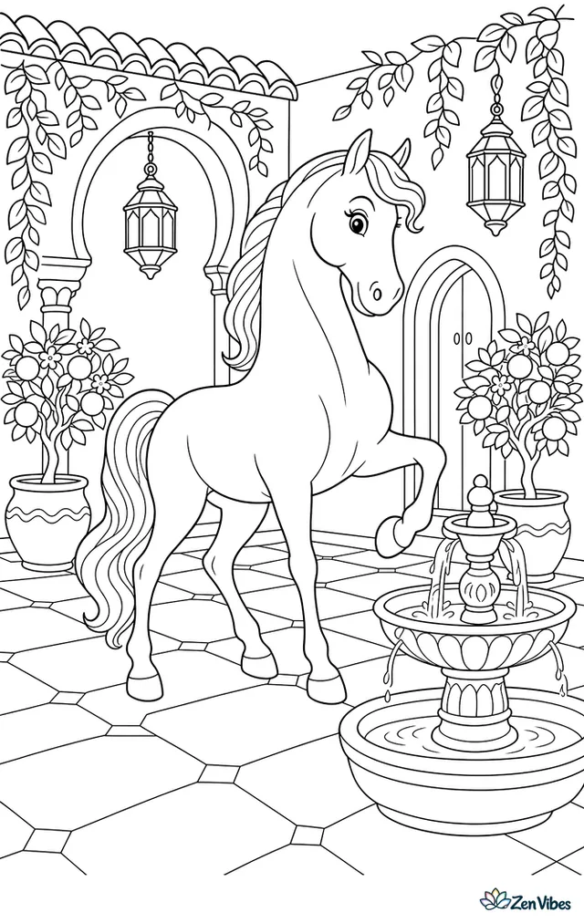 An Andalusian horse prances in a tiled courtyard, lifting one leg beside a fountain while potted orange trees, hanging lanterns, trailing vines, and arched doorways create an elegant setting.