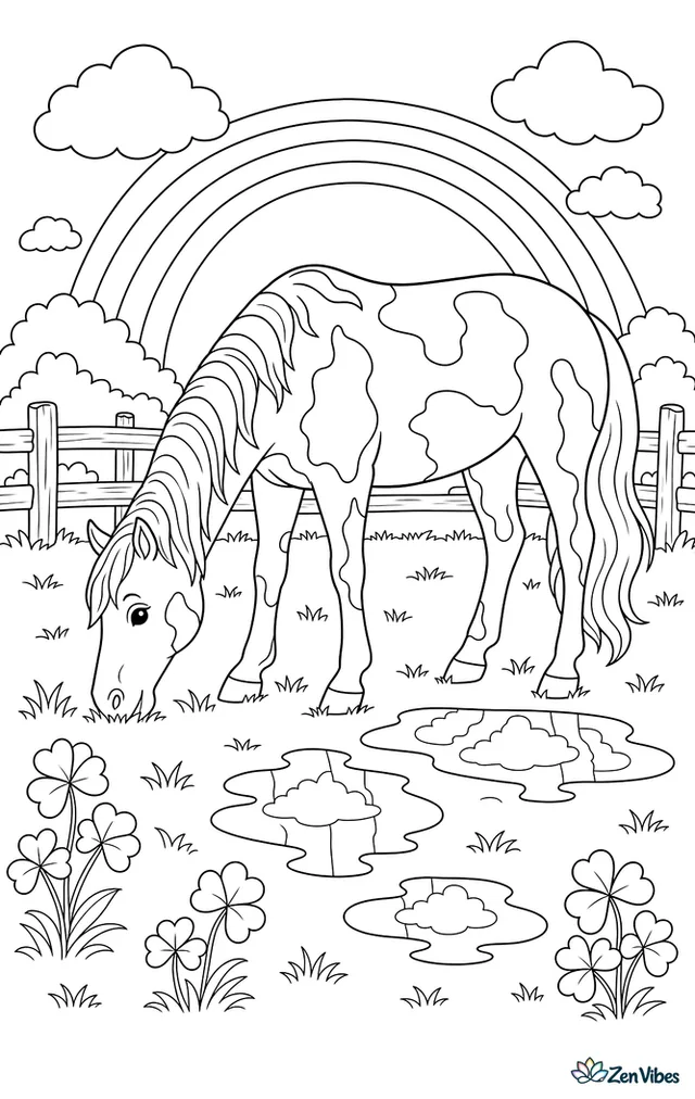 An American Paint Horse grazes after a rain shower in a pasture, with a rainbow arching overhead, puddles reflecting clouds, clumps of clover, and a split-rail fence crossing the field.