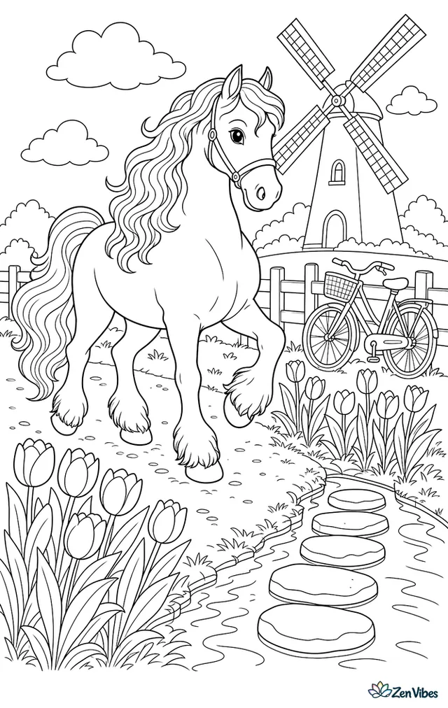 A Friesian horse trots along a country path beside a windmill, passing tulips, a narrow canal, stepping stones, and a bicycle leaning against a fence in the bright morning air.