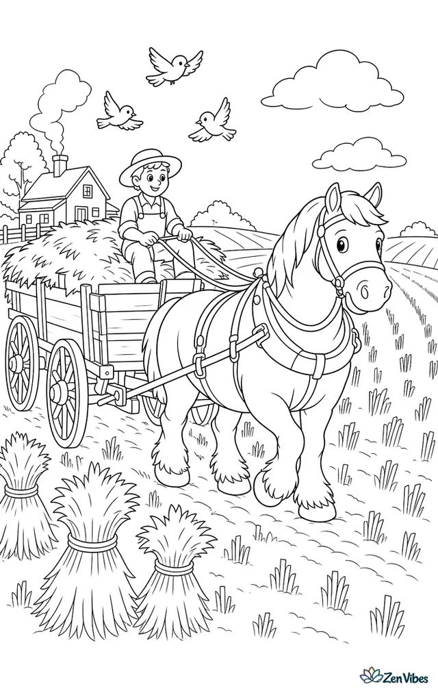 A Percheron pulls a hay wagon through harvested fields, moving past neat haystacks while sparrows flutter up, a farmhouse chimney smokes gently, and rows of stubble lead to the horizon.