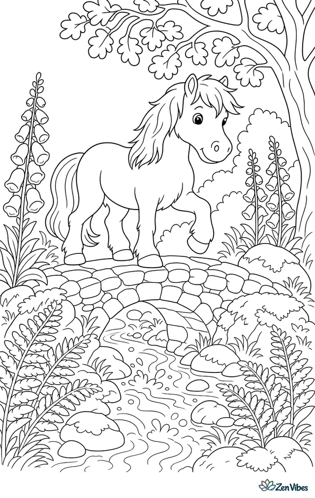 A Dartmoor pony crosses a small stone bridge over a bubbling brook, surrounded by ferns, foxgloves, mossy rocks, and overhanging oak branches in a shaded forest glen.