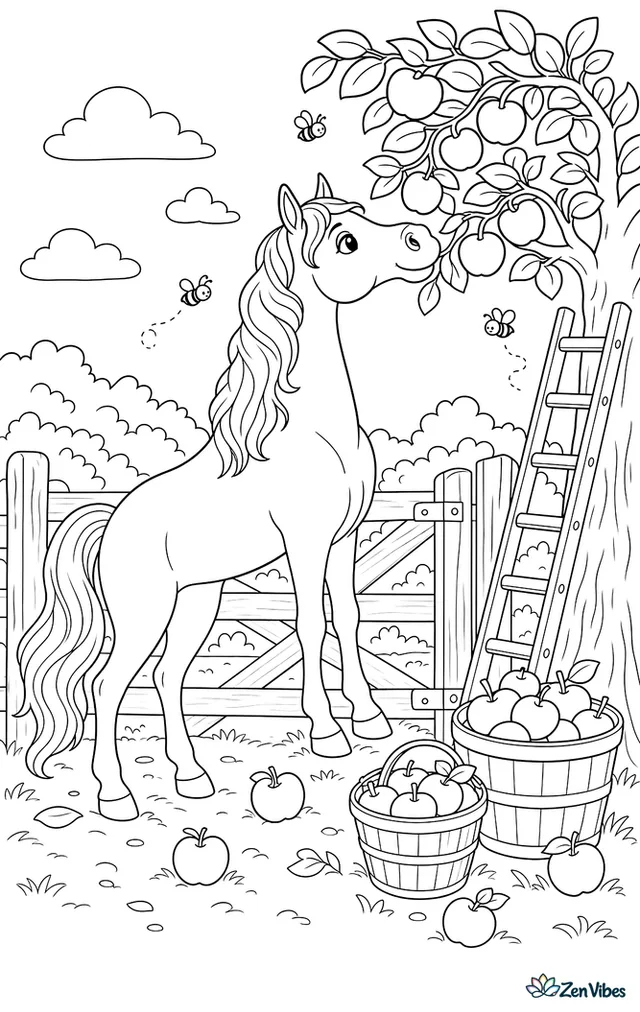 A Morgan horse stands by an orchard gate, reaching toward low apple branches while baskets, fallen fruit, buzzing bees, and a ladder against a tree fill the late-summer scene.
