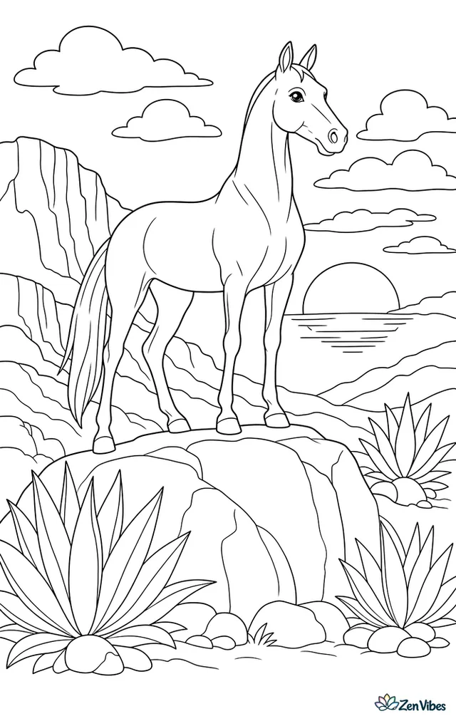 An Akhal-Teke horse stands on a rocky rise at sunset, its sleek coat glowing while agave plants, smooth boulders, distant cliffs, and layered clouds frame the dramatic horizon.