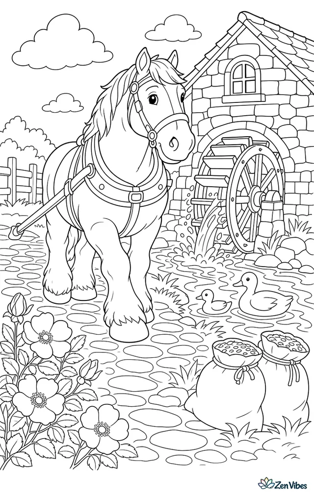 A Belgian Draft horse walks beside an old water mill, where turning paddles splash the stream and nearby wild roses, sacks of grain, ducks, and a cobbled lane add detail.