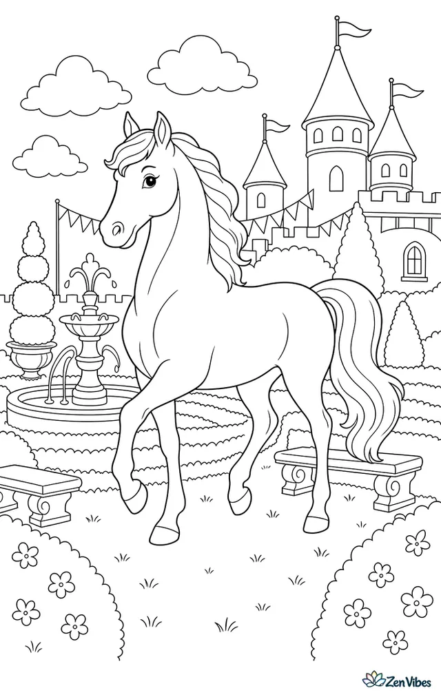 A Lipizzan horse steps gracefully across a castle lawn, near trimmed hedges and a round fountain while topiary, stone benches, fluttering pennants, and distant towers fill the formal garden.