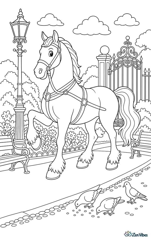 A Hackney horse high-steps along a city park path, passing an ornate lamp post, benches, flower beds, and a wrought-iron gate while pigeons peck near the gravel edge.