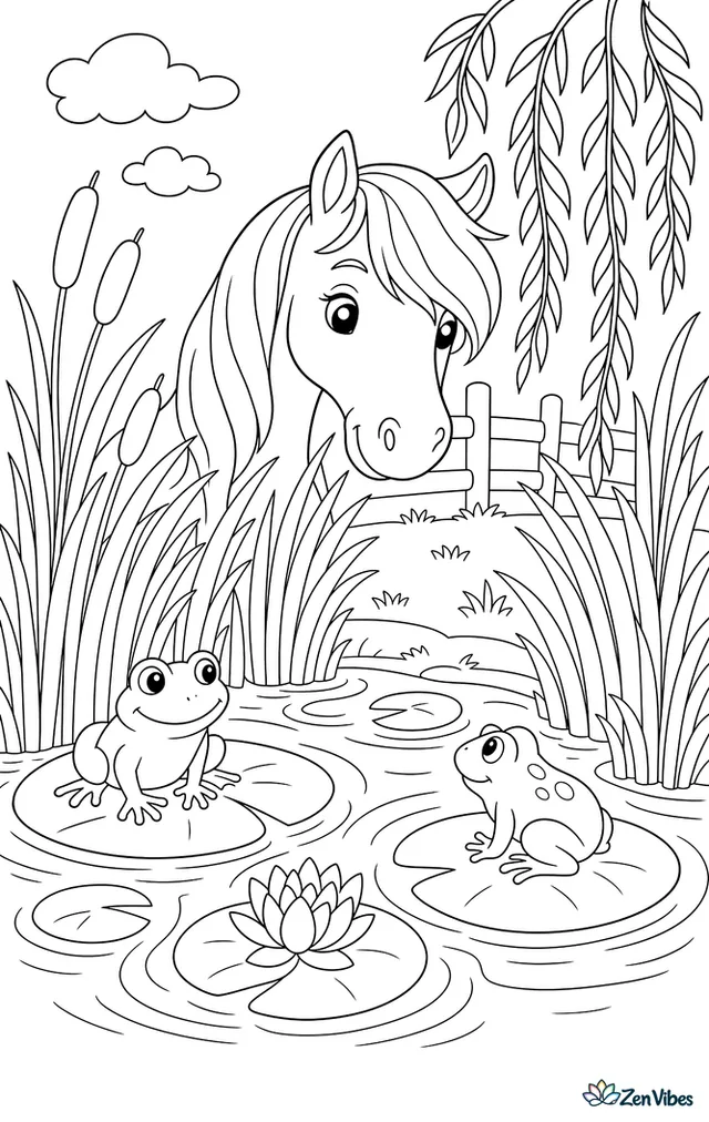A Caspian pony peers through tall reeds at a pond, with frogs on lily pads, ripples spreading outward, willow branches dipping low, and cattails swaying in the light breeze.