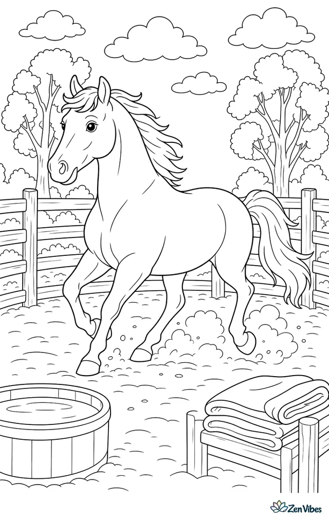 An American Quarter Horse trots around a round corral, kicking up a little dust while fence rails, a water trough, folded blankets, and cottonwood trees surround the ranch yard.