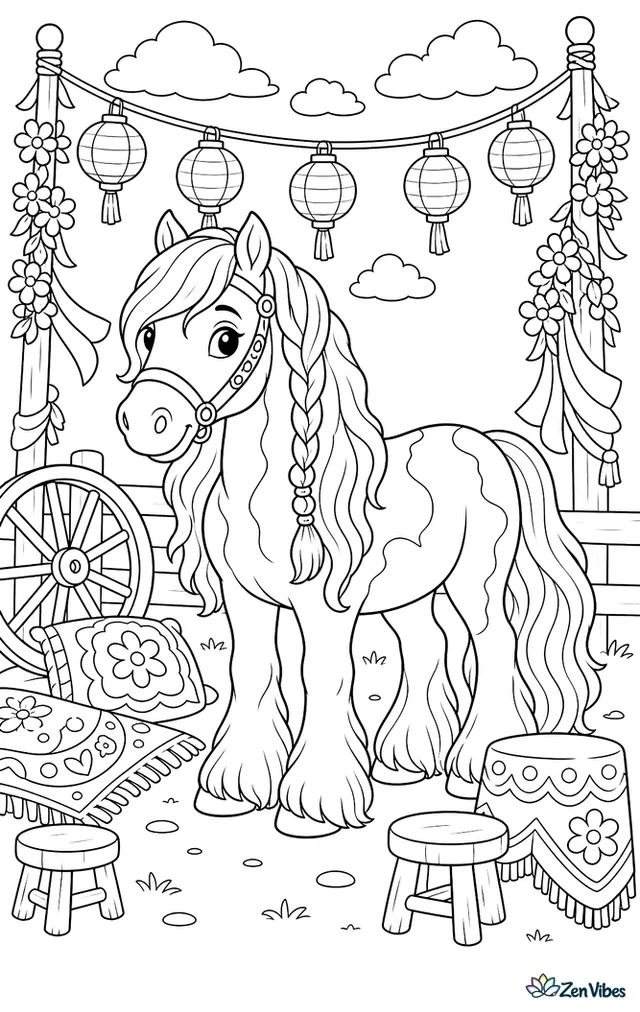 A Gypsy cob pony stands near festival lanterns strung between poles, beside flower garlands, patterned blankets, wooden stools, and a wagon wheel in a cheerful evening fairground.