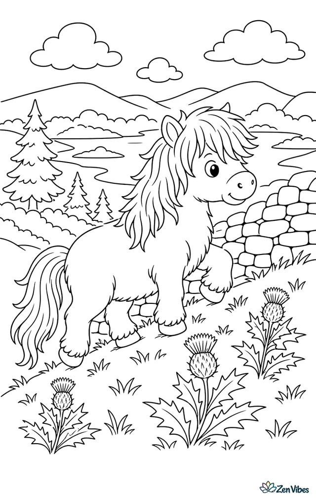 A Highland pony climbs a grassy slope dotted with thistles, passing a dry stone wall while distant lochs, sturdy pines, and drifting mist define the rugged countryside.