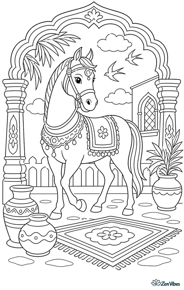 A Marwari horse pauses beneath an ornate courtyard arch, with carved pillars, patterned rugs, clay pots, palm leaves, and swallows gliding through the warm afternoon light.