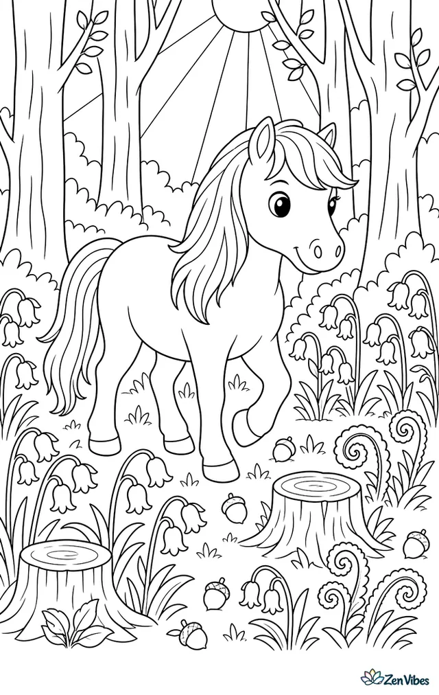 A New Forest pony walks through a woodland carpeted with bluebells, stepping past tree stumps, curling ferns, acorns, and sunbeams filtering between tall trunks.