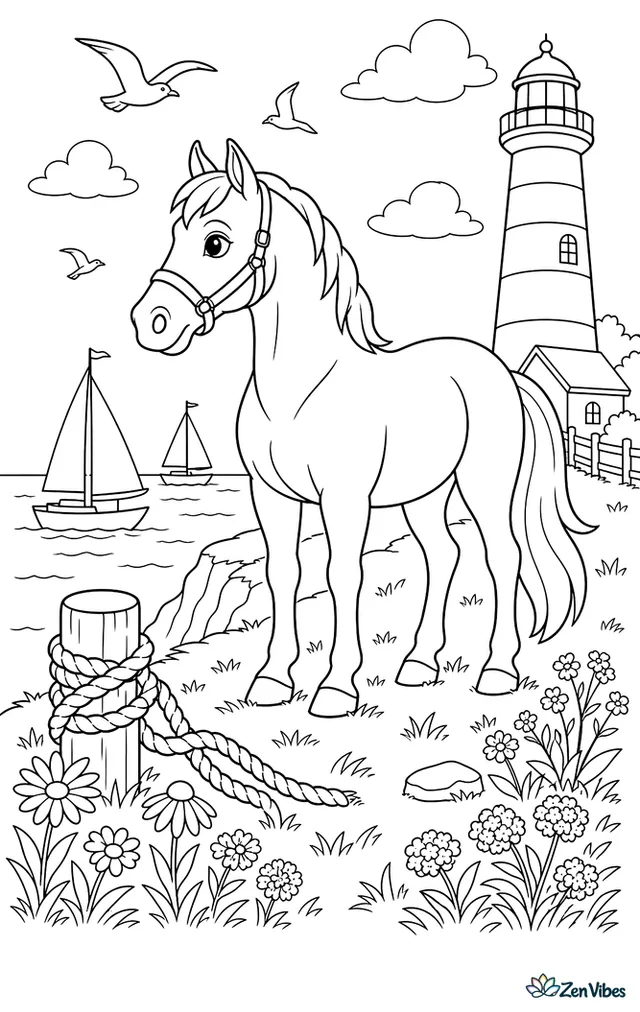 A Cleveland Bay horse stands on a grassy bluff above a harbor, watching sailboats while anchor ropes, gulls, lighthouse stripes, and wild coastal flowers animate the breezy seaside view.