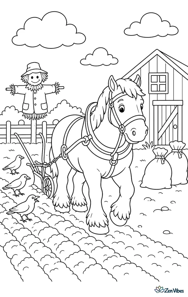 A Suffolk Punch horse works in a freshly turned field, walking beside neat furrows while crows follow behind and a scarecrow, seed sacks, and a red shed sit nearby.