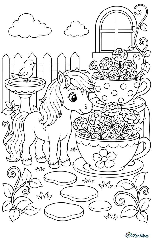 A Falabella horse explores a whimsical garden corner, standing beside giant teacup planters while marigolds, stepping stones, a birdbath, and curled vines make the tiny horse seem even smaller.