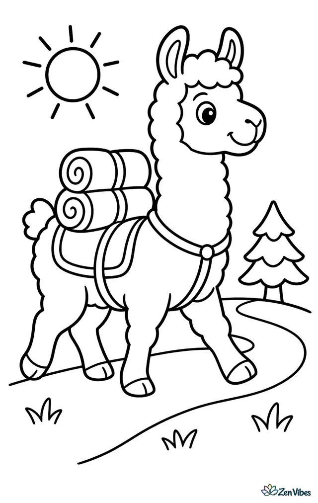 A pack llama walks along a simple trail carrying rolled blankets, with smooth hills, a bright sun, sparse grass tufts, and a small pine tree around it.