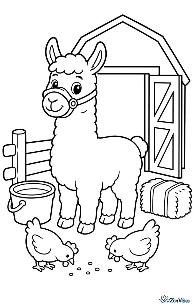 A friendly llama stands near a red barn doorway, wearing a plain halter, with a water bucket, hay bale, fence posts, and chickens pecking nearby.