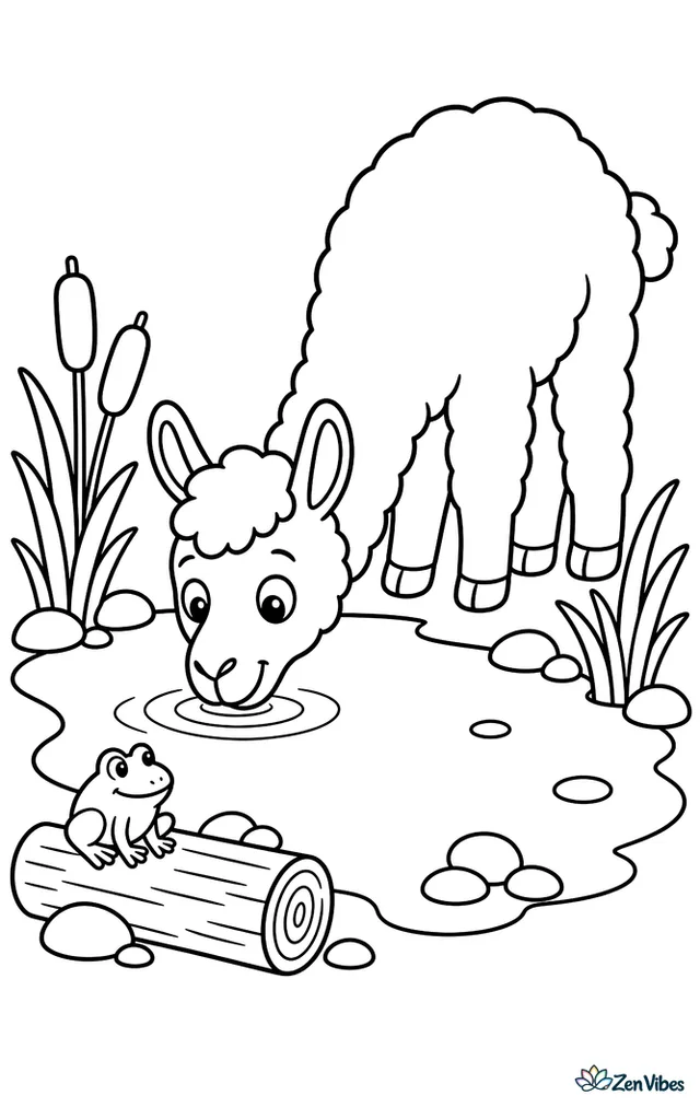A curious llama lowers its head to drink from a quiet pond, with cattails, pebbles, a frog on a log, and gentle reeds around the shore.