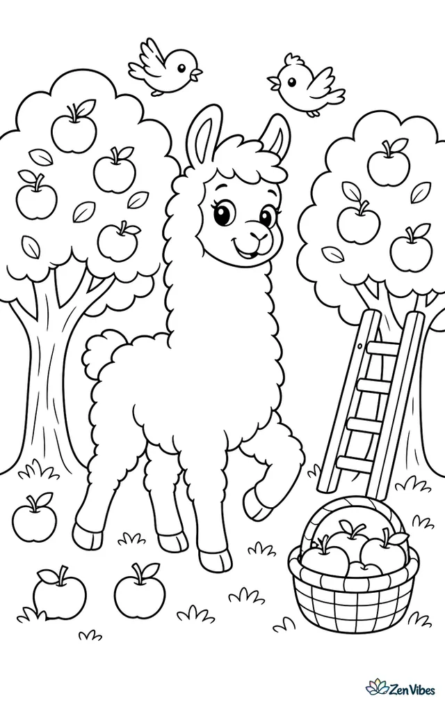 A fluffy llama strolls between apple trees in an orchard, with fallen apples, a wooden ladder, a basket in the grass, and small birds overhead.