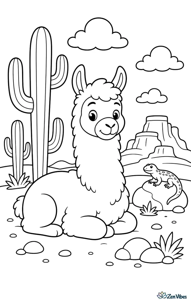 A calm llama rests on sandy ground near tall saguaro cacti, with layered mesas, scattered stones, a lizard on a rock, and drifting clouds above.
