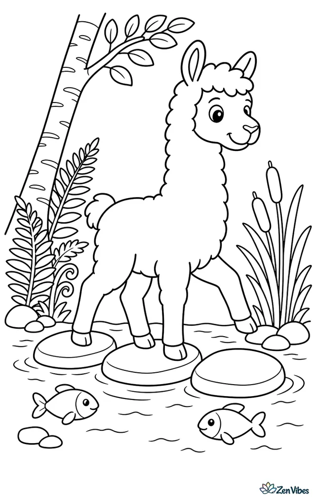 A sure-footed llama steps across a shallow creek on flat stones, with ferns, a leaning birch tree, fish in the water, and reeds along the bank.