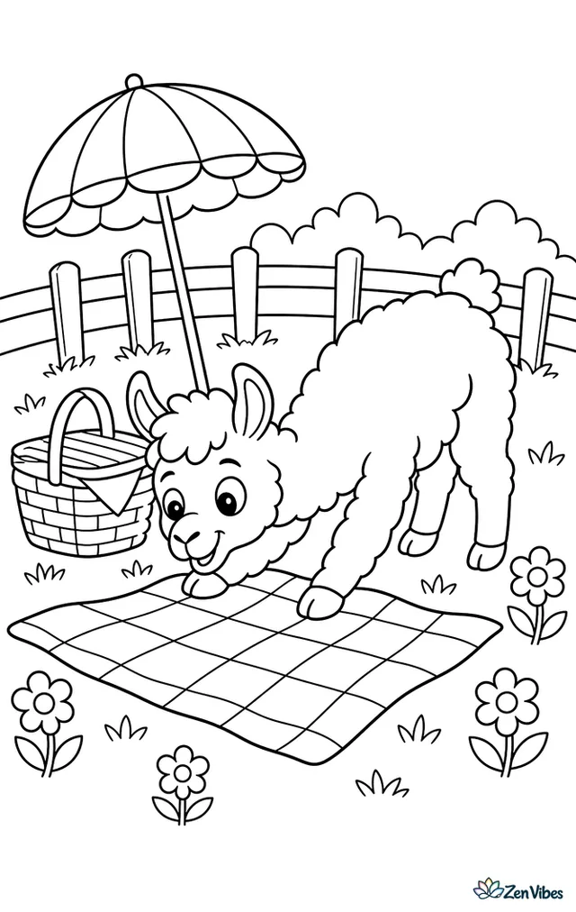 A playful llama investigates a picnic blanket in a green pasture, with a basket, striped umbrella, wildflowers, and a wooden fence circling the field.