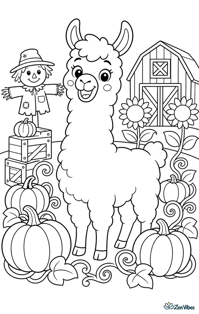 A cheerful llama stands in a pumpkin patch between winding vines, with a scarecrow, stacked crates, sunflowers, and a rustic barn in the background.