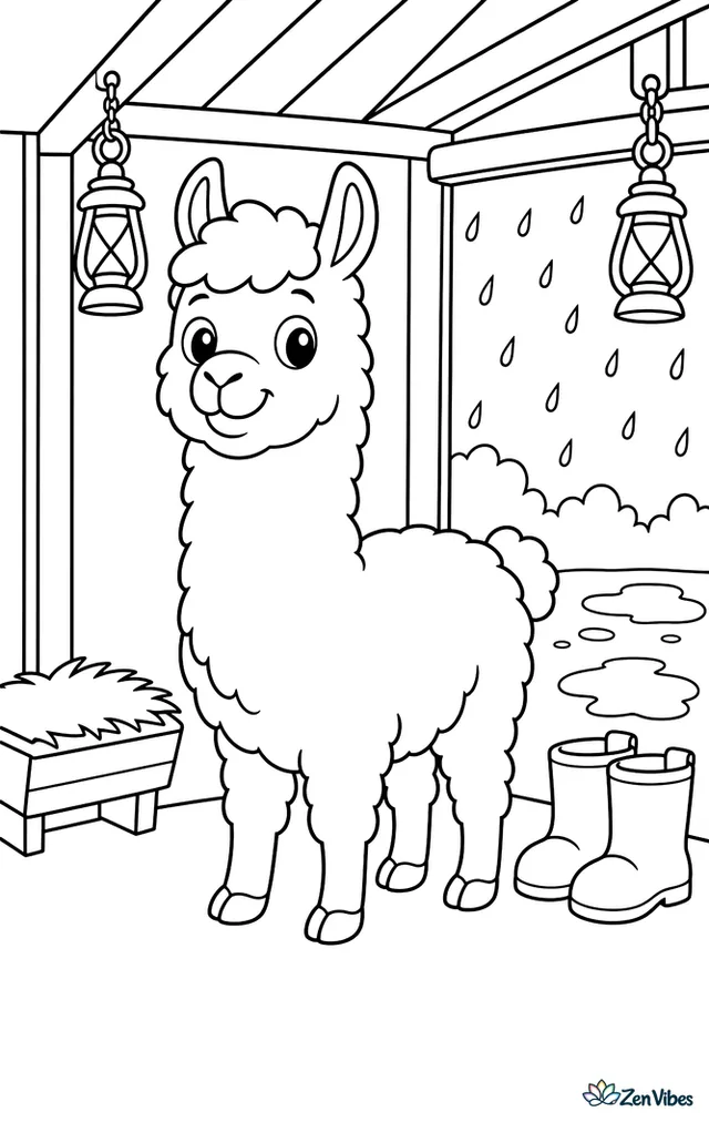 A shaggy llama stands under a farm shelter while rain falls outside, with puddles, hanging lanterns, a feed trough, and boots by the doorway.