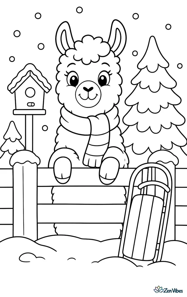 A bundled llama in a simple scarf looks over a snowy fence, with evergreen trees, a birdhouse, falling snowflakes, and a sled leaning nearby.