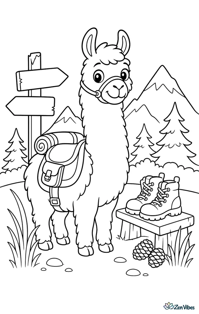 A saddled llama pauses at a trailhead beside a signpost, with hiking boots on a bench, pinecones, tall grass, and distant mountain peaks beyond.