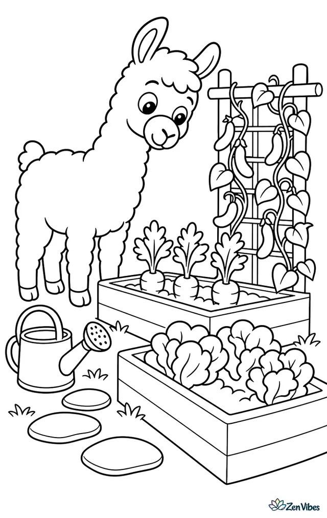 A curious llama peers into a vegetable garden, with raised beds of carrots and lettuce, a watering can, stepping stones, and a trellis covered in beans.
