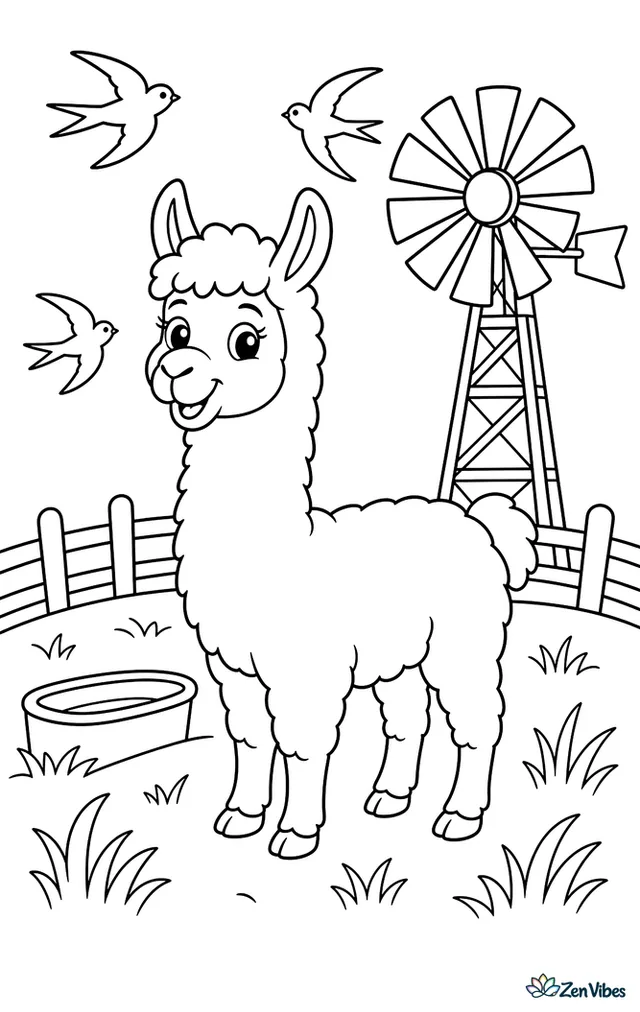 A llama stands in a breezy pasture near a tall windmill, with waving grass, a trough, fence rails, and swallows circling in the open sky.