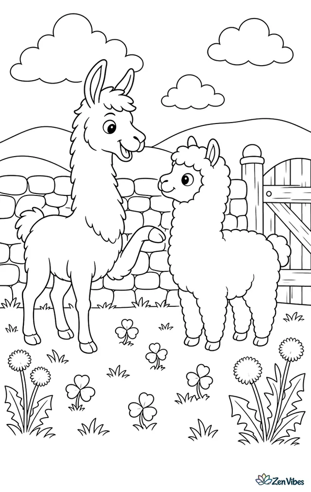A llama greets an alpaca beside a stone wall, with clover patches, a wooden gate, dandelions, and rolling hills under puffy afternoon clouds.