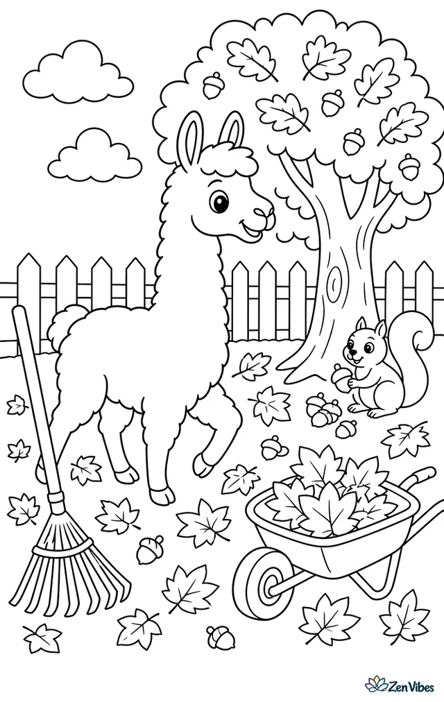 A llama walks across a yard covered with maple leaves, with a rake, a wheelbarrow, acorns, and a squirrel gathering food near an oak tree.