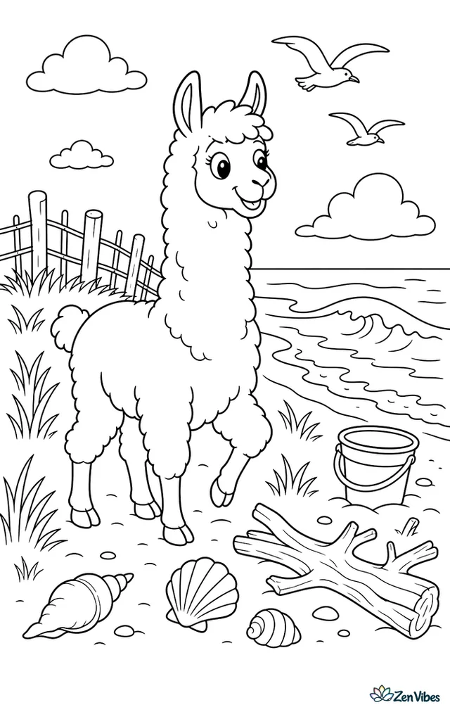 A llama explores grassy beach dunes beside the ocean, with driftwood, seashells, a sand bucket, flying gulls, and gentle waves rolling onto shore.