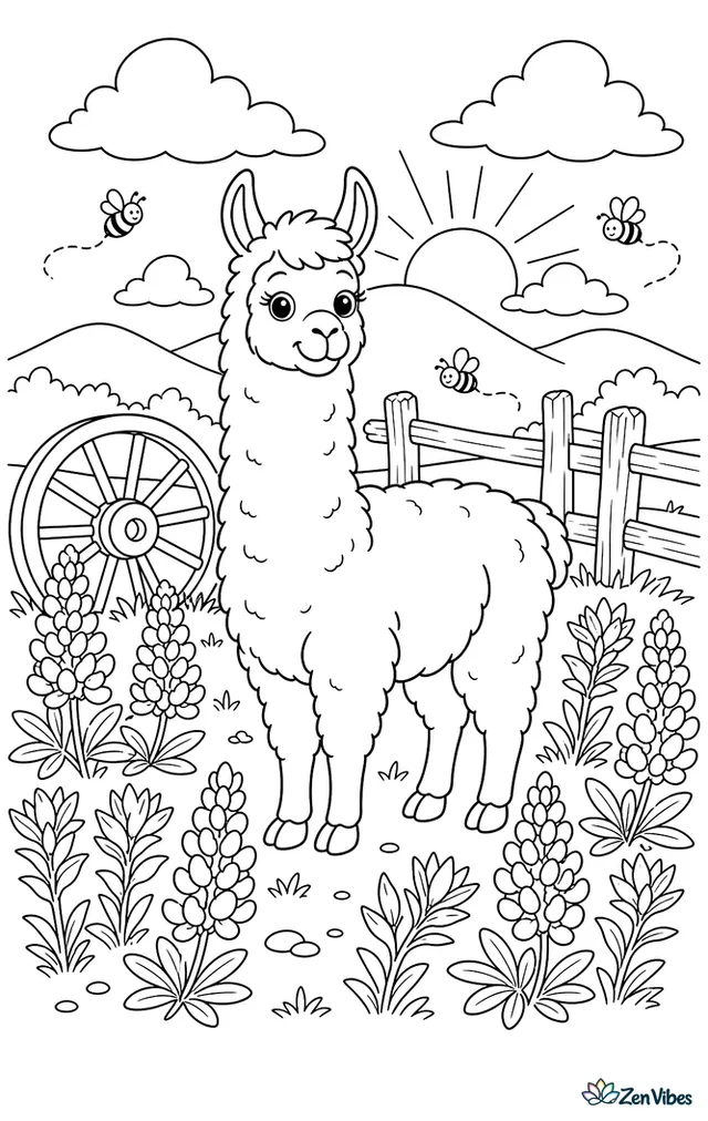 A llama stands in a field of bluebonnets and Indian paintbrush, with a wagon wheel, a split fence, buzzing bees, and distant hills under sunrise clouds.