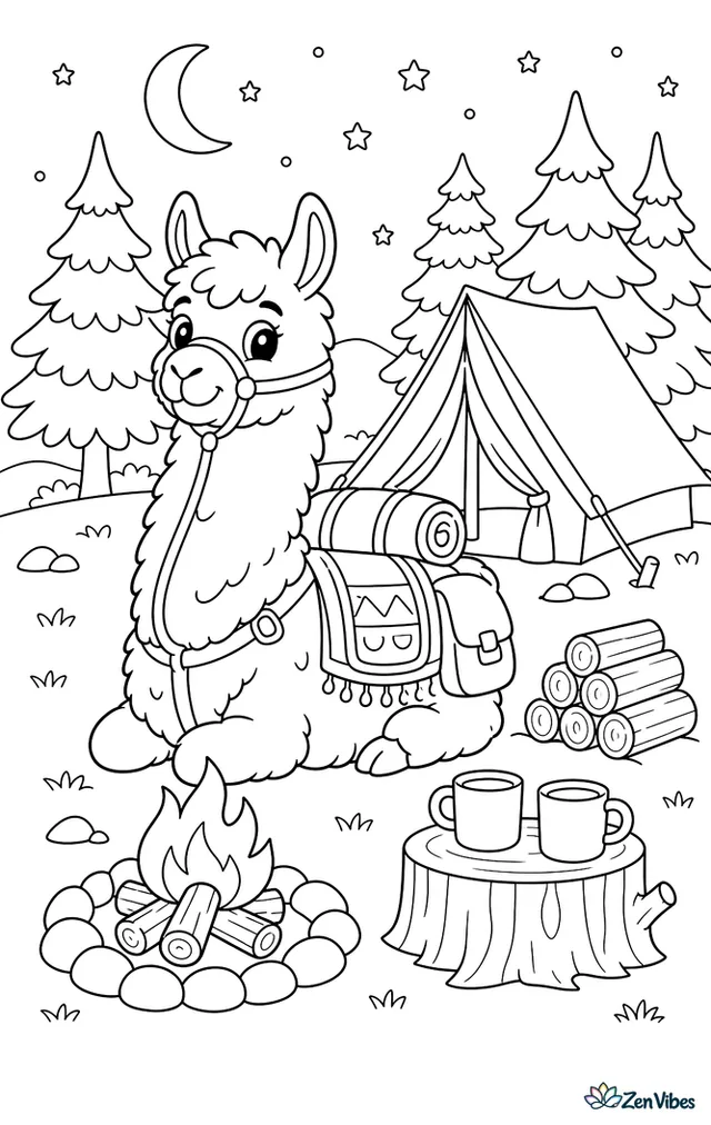A pack llama relaxes at a campsite beside a small campfire, with a tent, stacked firewood, mugs on a log, and tall pines under evening stars.