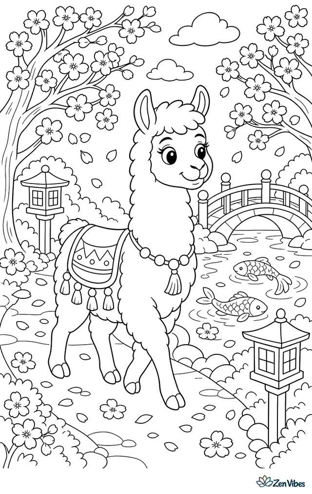 A llama strolls along a path lined with cherry trees in bloom, with fallen petals, a curved bridge, lantern posts, and koi ripples in a pond.