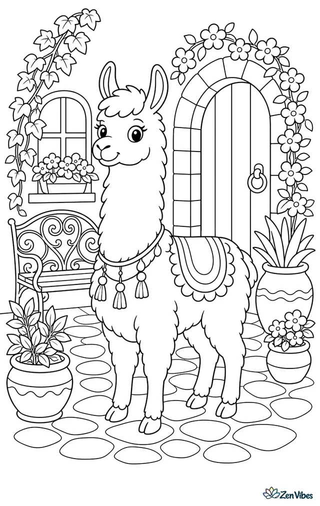 A well-groomed llama stands in a cobblestone courtyard, with terracotta pots, climbing ivy, an iron bench, and an arched doorway framed by flowers.
