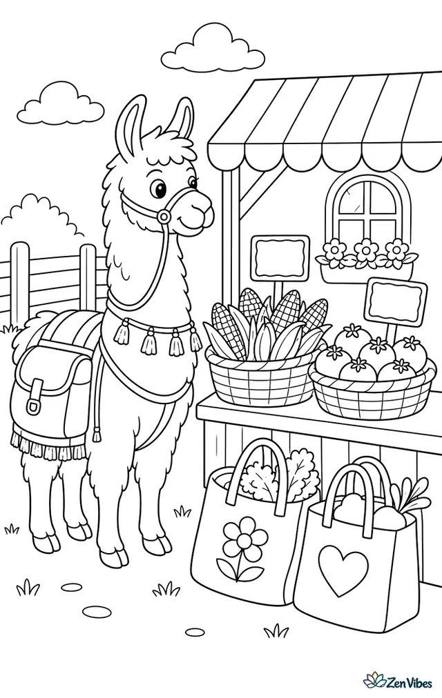 A llama with panniers waits at a farmers market stall, with baskets of corn and tomatoes, striped awnings, chalkboard signs, and shoppers' tote bags nearby.