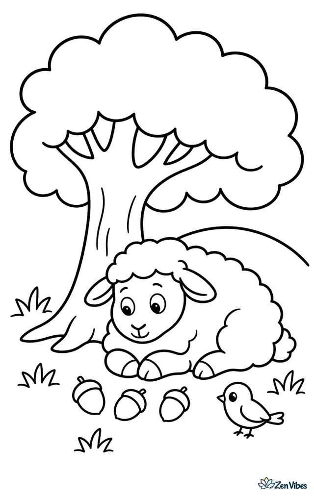 A Merino ewe rests in the shade of a broad oak tree, looking at fallen acorns while simple grass tufts, a smooth hill, and one little bird surround her.