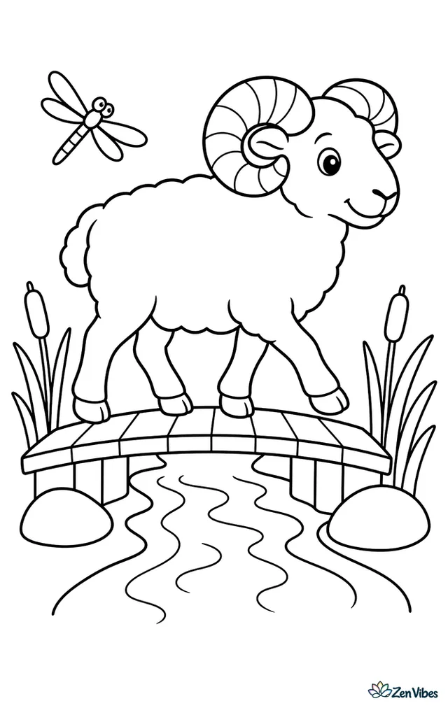 A Dorset ram walks across a short wooden footbridge over a narrow stream, with reeds, two smooth rocks, and a dragonfly making a clear farm scene around him.