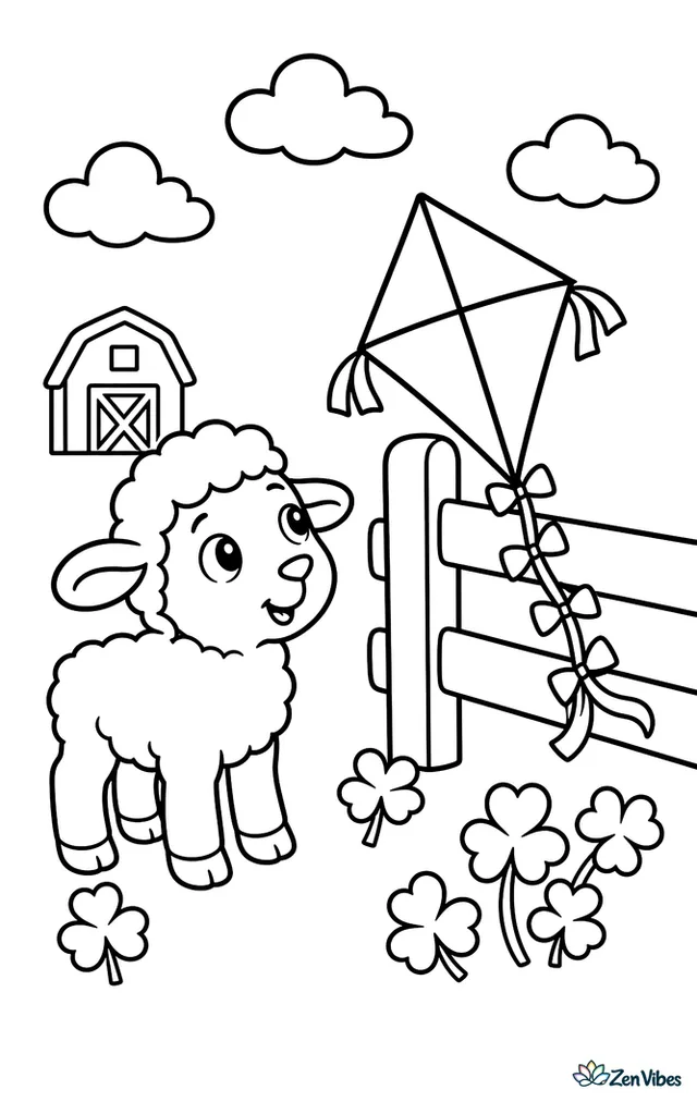 A Jacob lamb watches a diamond kite caught on a low fence, with clover patches, a tiny barn in the distance, and three puffy clouds above the field.